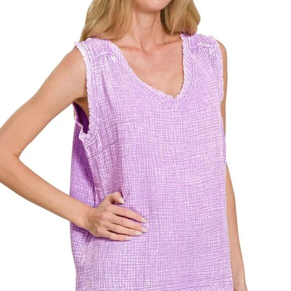 Zenana Outfitters Tops - Zenana‎ Double Gauze Raw Edge Acid Washed Tank